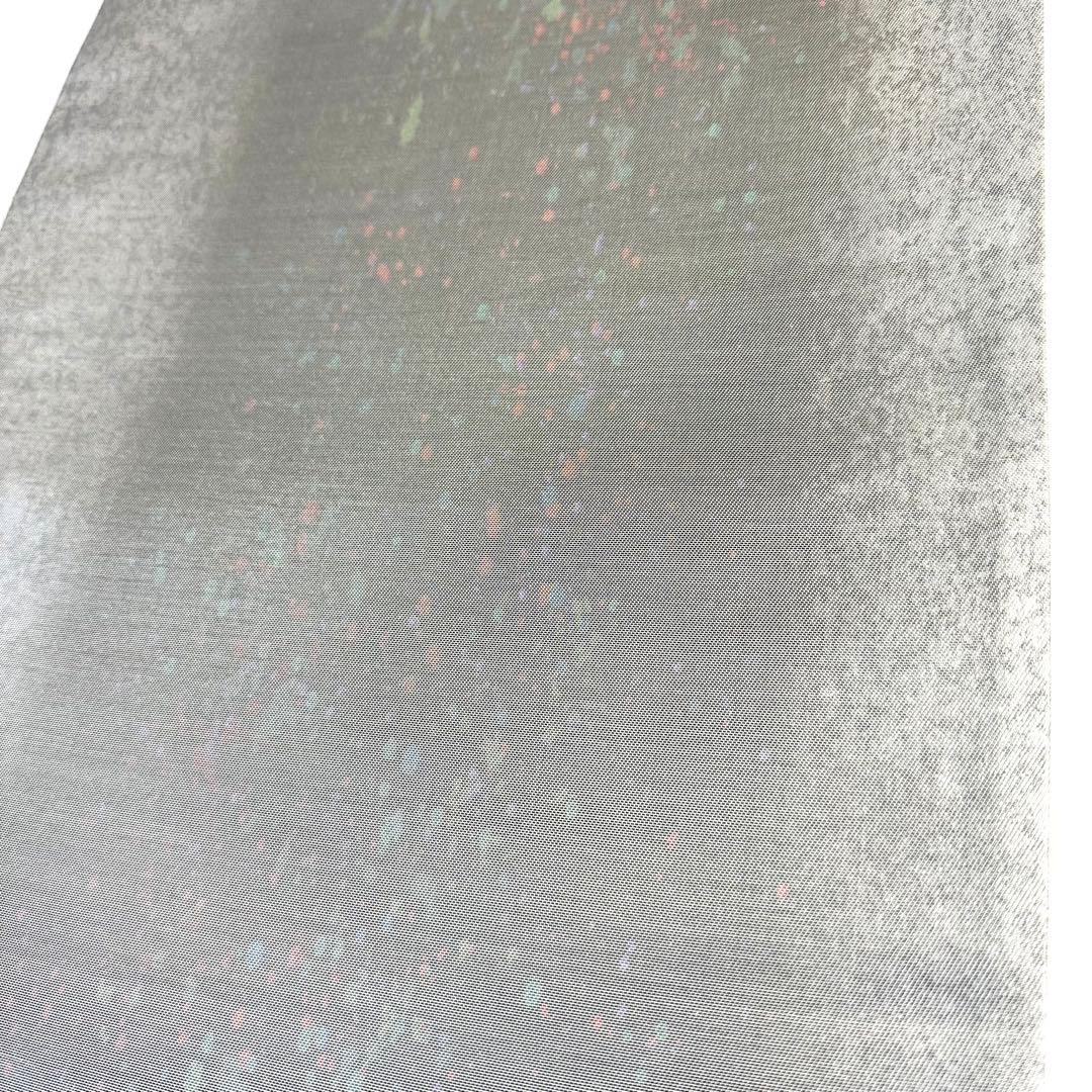 6k103 袋帯　絹　箔　銀色　青　赤　柄物　和装　着物