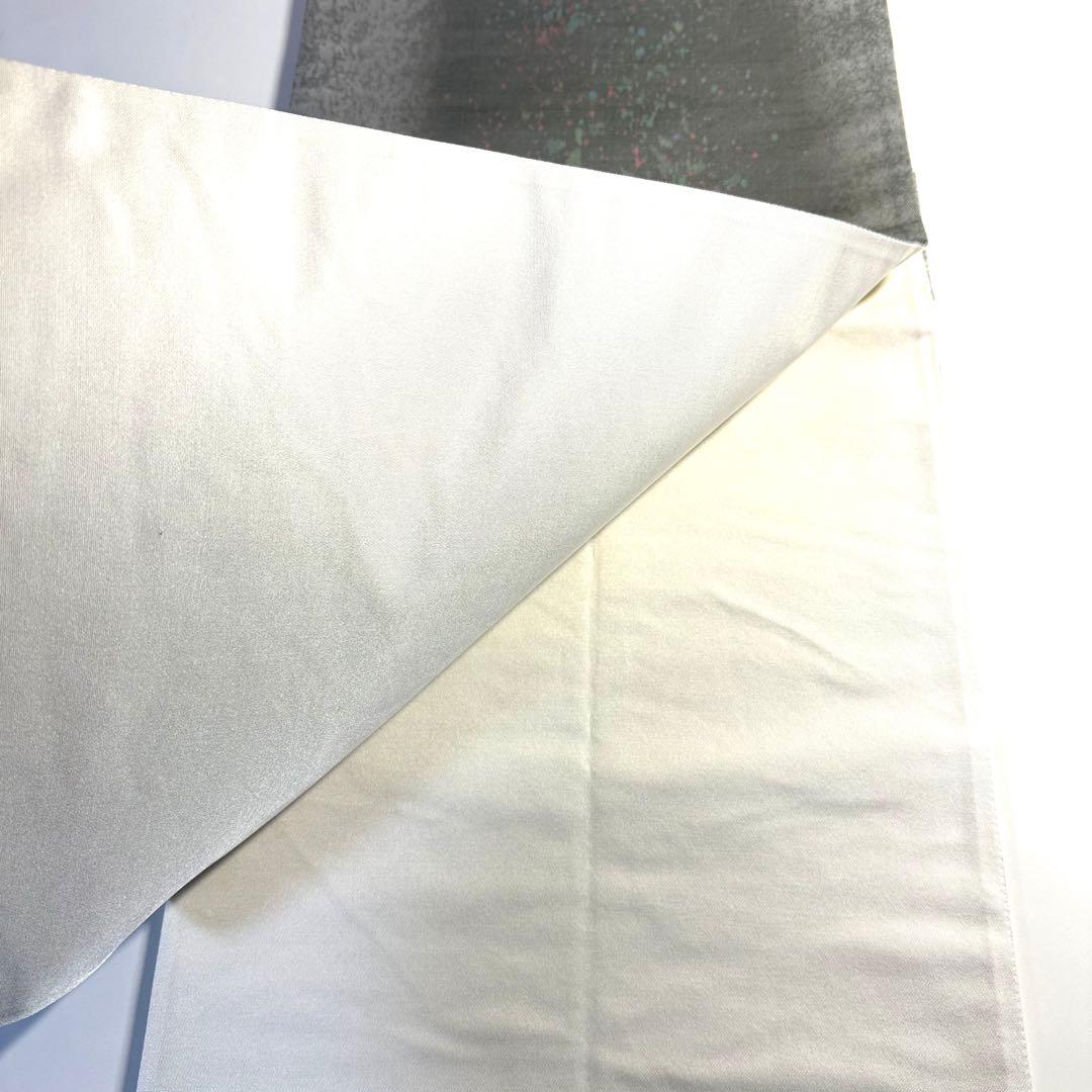 6k103 袋帯　絹　箔　銀色　青　赤　柄物　和装　着物