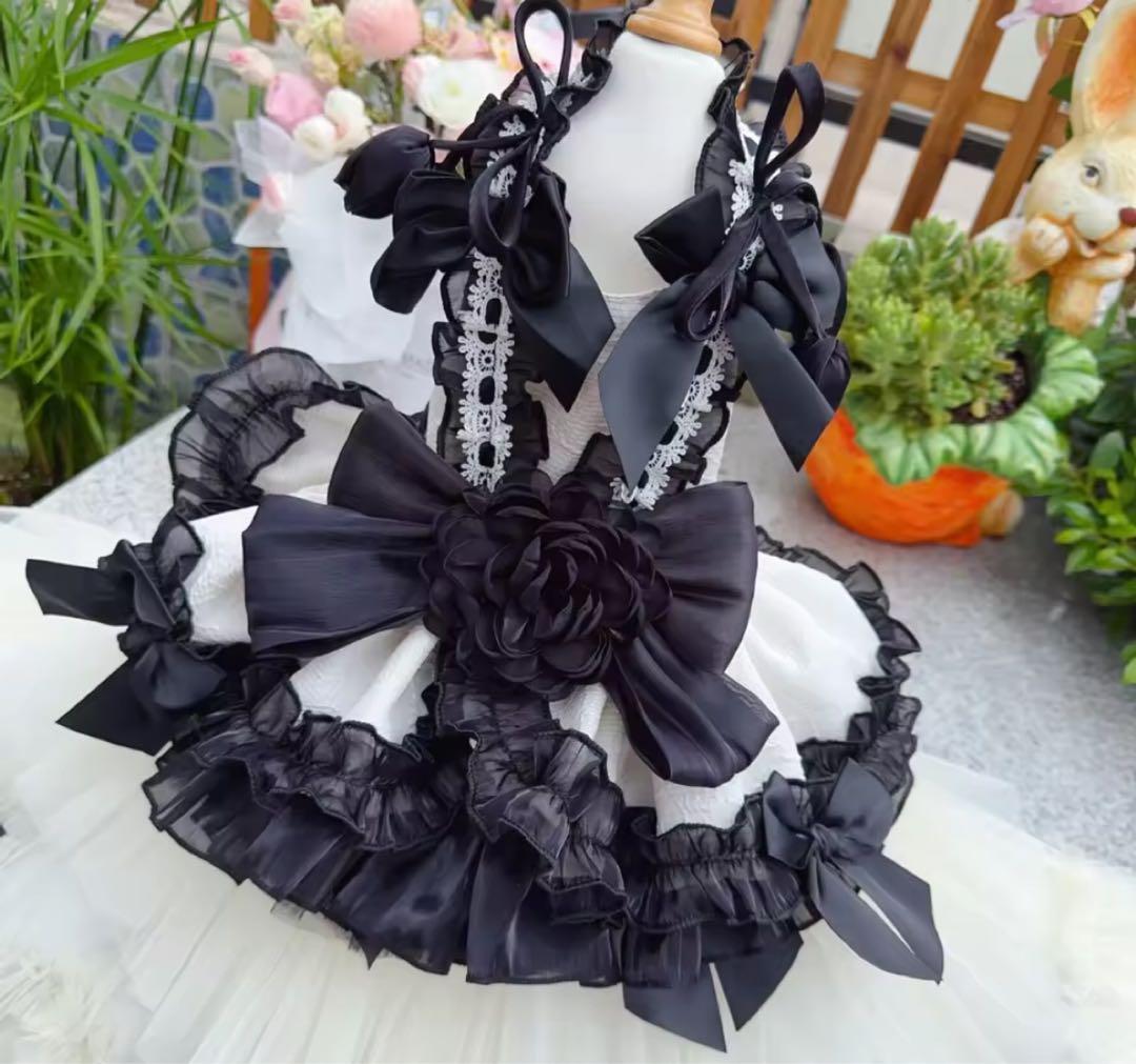 花*様 値下げ犬服 ロングドレス ホワイト/ブラックSサイズ