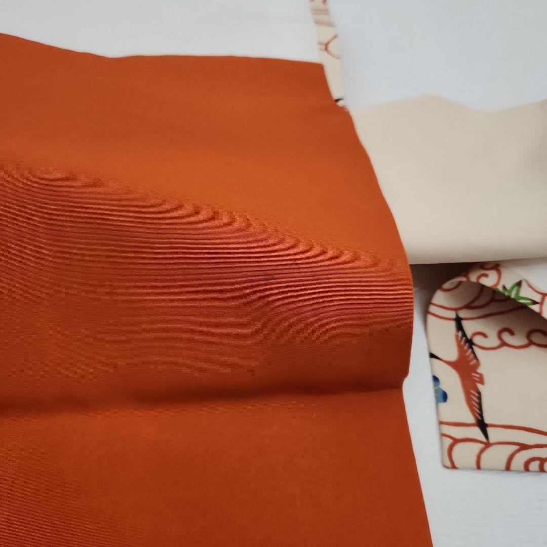 開き名古屋帯　塩瀬　染帯　九寸　紅型　雲間飛鳥文　朱色　オレンジ