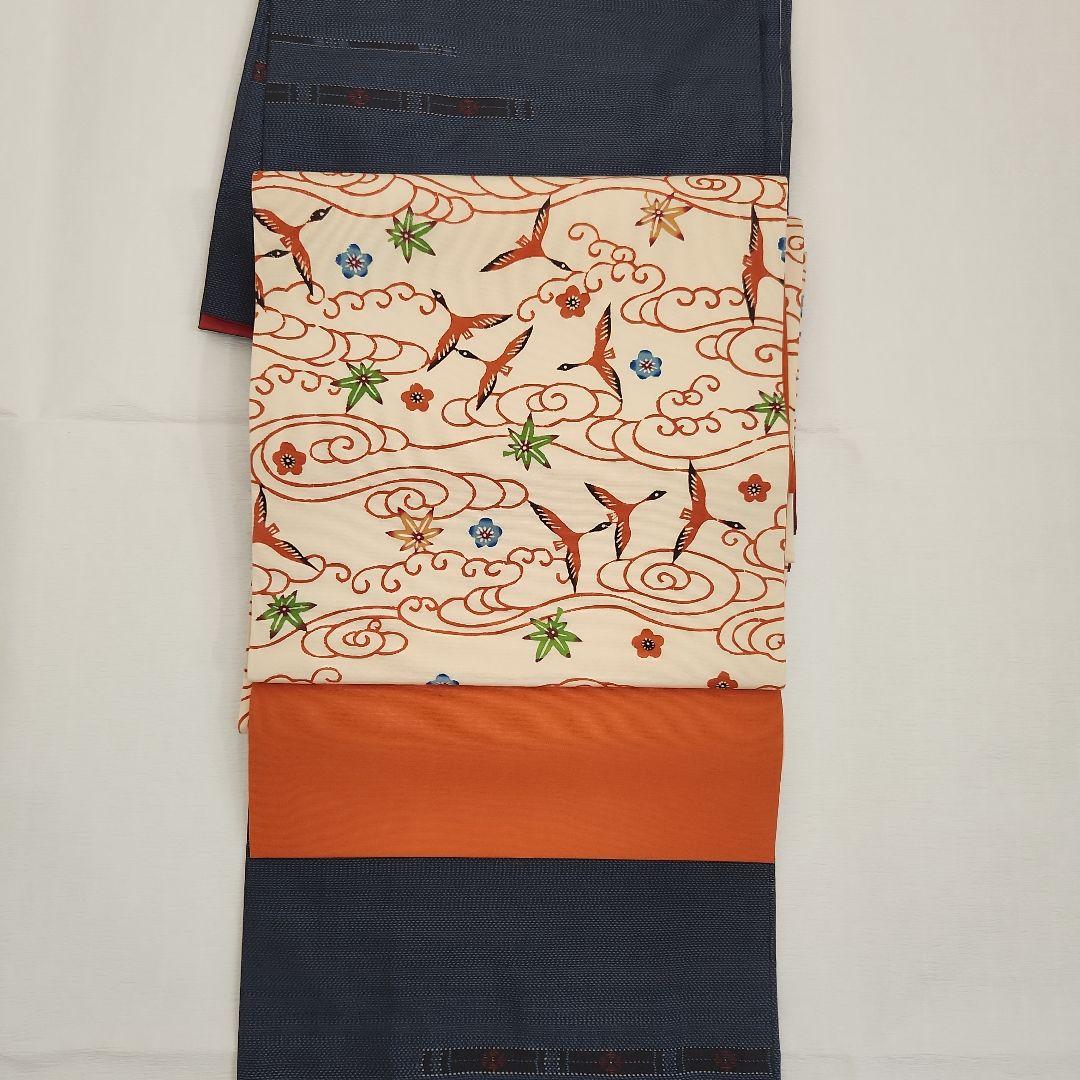 開き名古屋帯　塩瀬　染帯　九寸　紅型　雲間飛鳥文　朱色　オレンジ