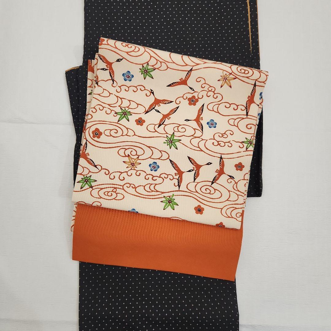 開き名古屋帯　塩瀬　染帯　九寸　紅型　雲間飛鳥文　朱色　オレンジ