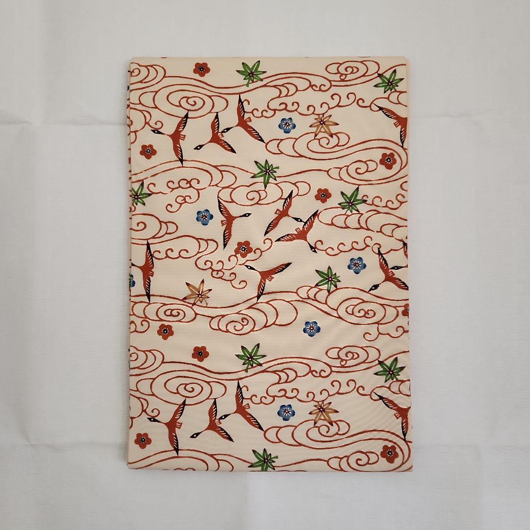 開き名古屋帯　塩瀬　染帯　九寸　紅型　雲間飛鳥文　朱色　オレンジ