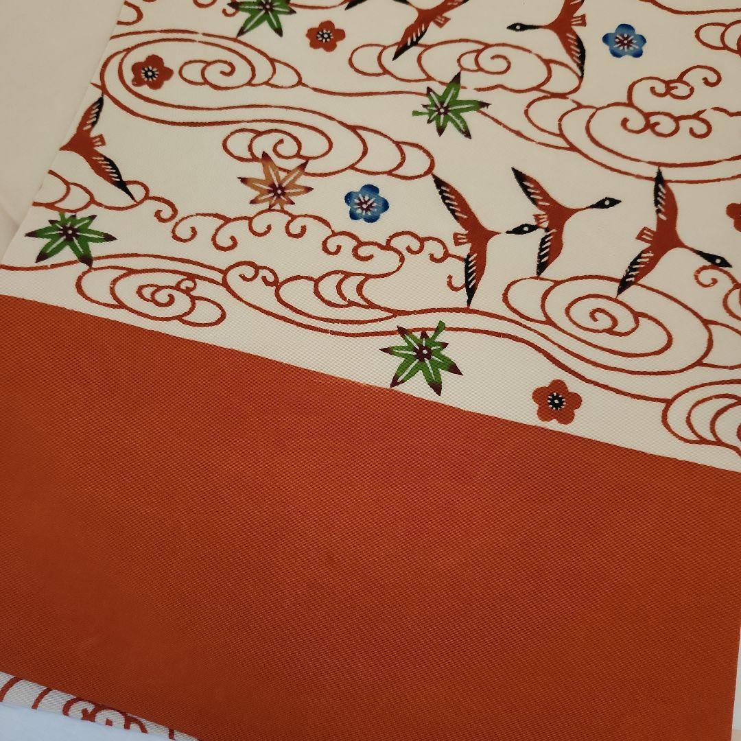 開き名古屋帯　塩瀬　染帯　九寸　紅型　雲間飛鳥文　朱色　オレンジ
