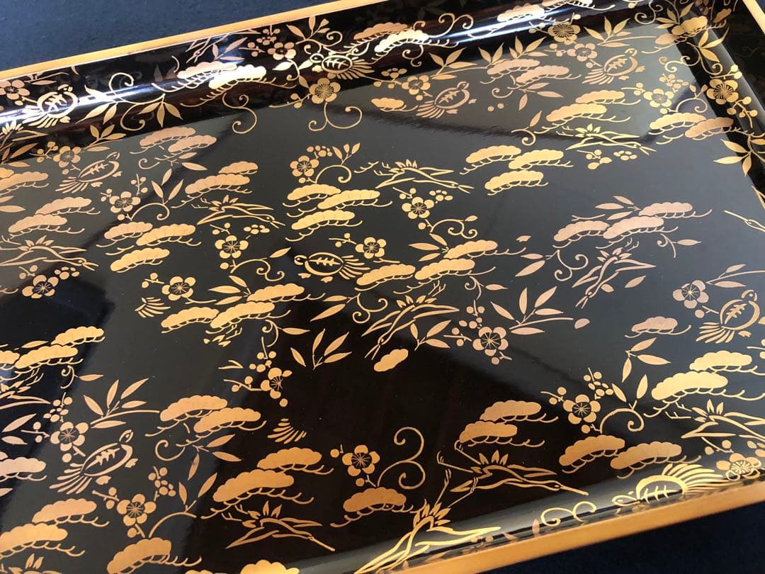 《R》松竹梅鶴亀蒔絵 廣盆 広盆 木製漆器 木箱 260209け1