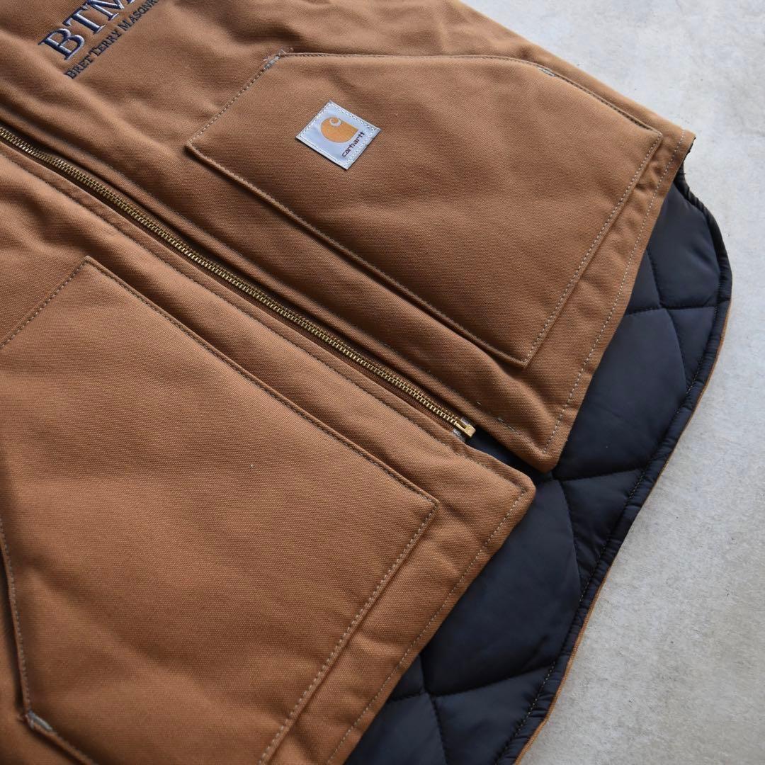 90s カーハート 企業刺繍 ダック ベスト 腰ゴム USA ベージュ L