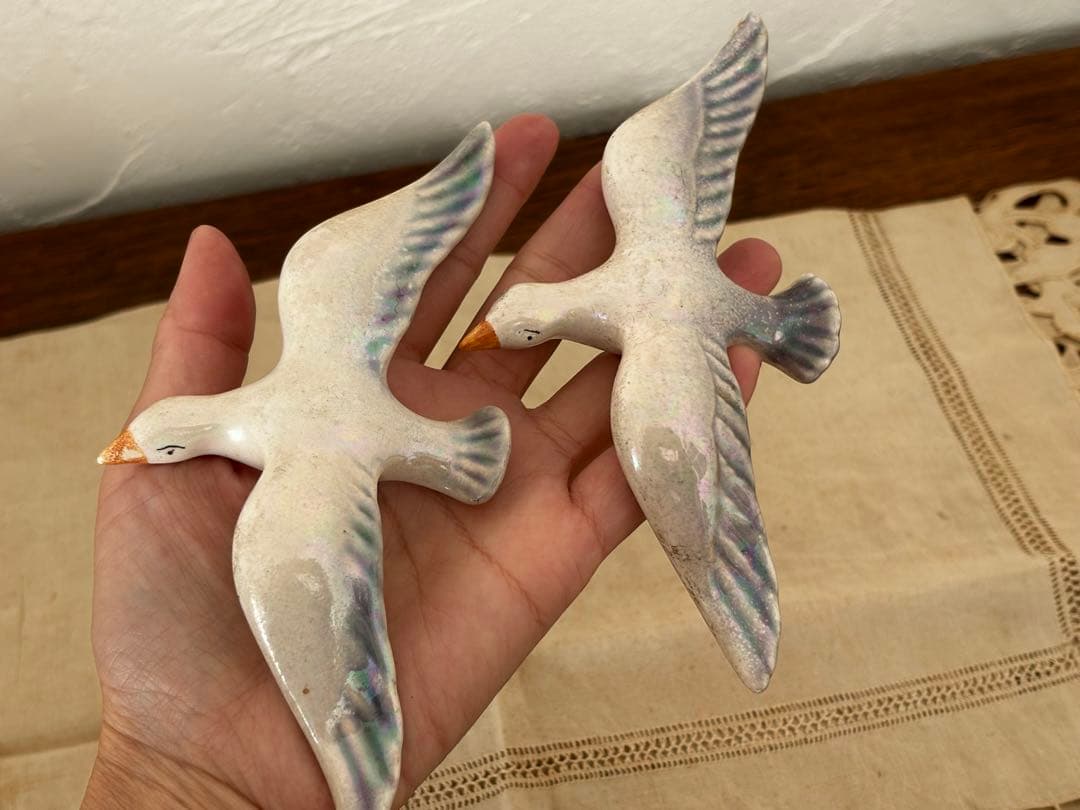 フランス　蚤の市　カモメ　鳥　オーナメント　二羽　ブロカント　陶器製