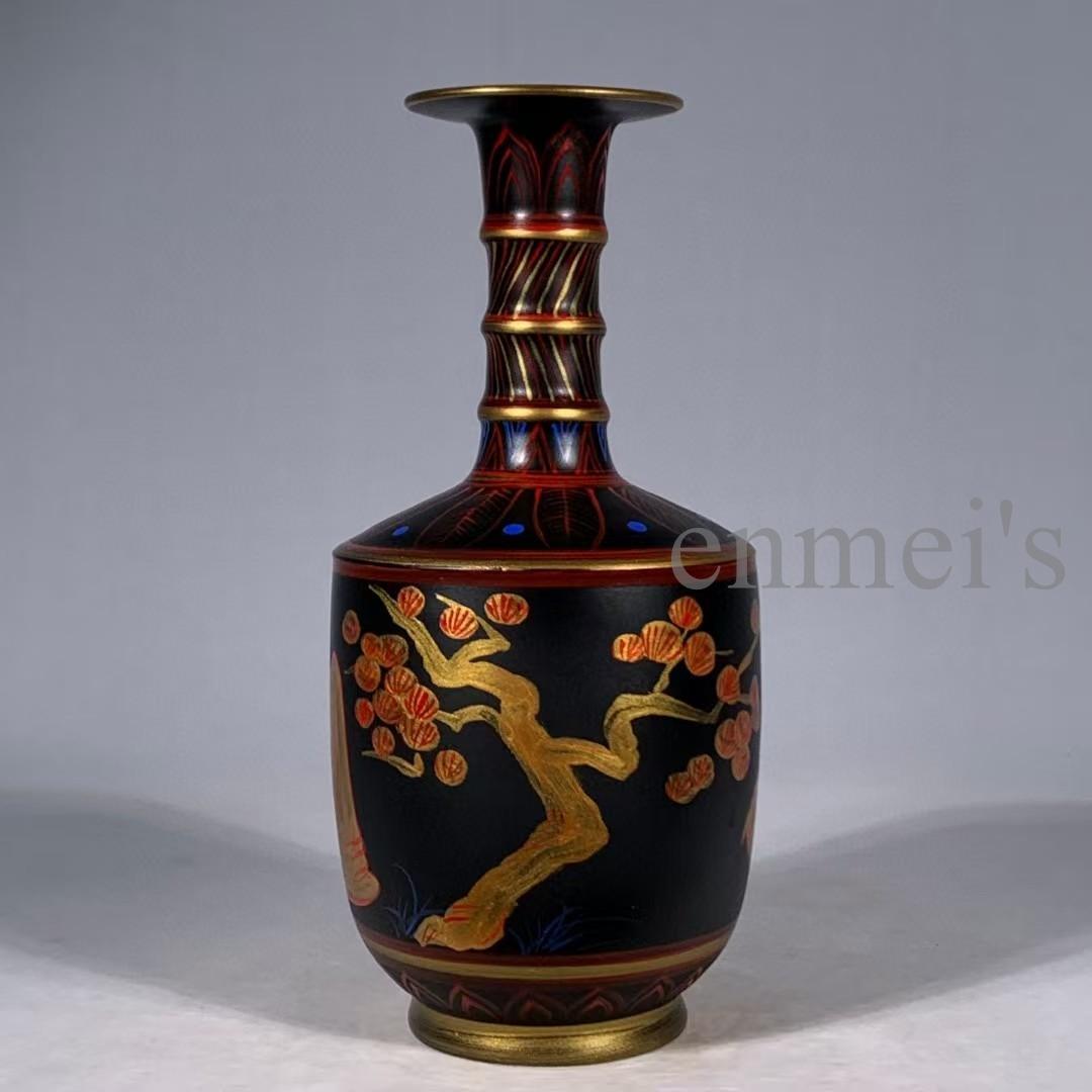 中国古美術・旧蔵宋汝窯・大漆彩繪人物對弈圖竹節瓶・彩絵・花瓶・陶磁器・文房置物