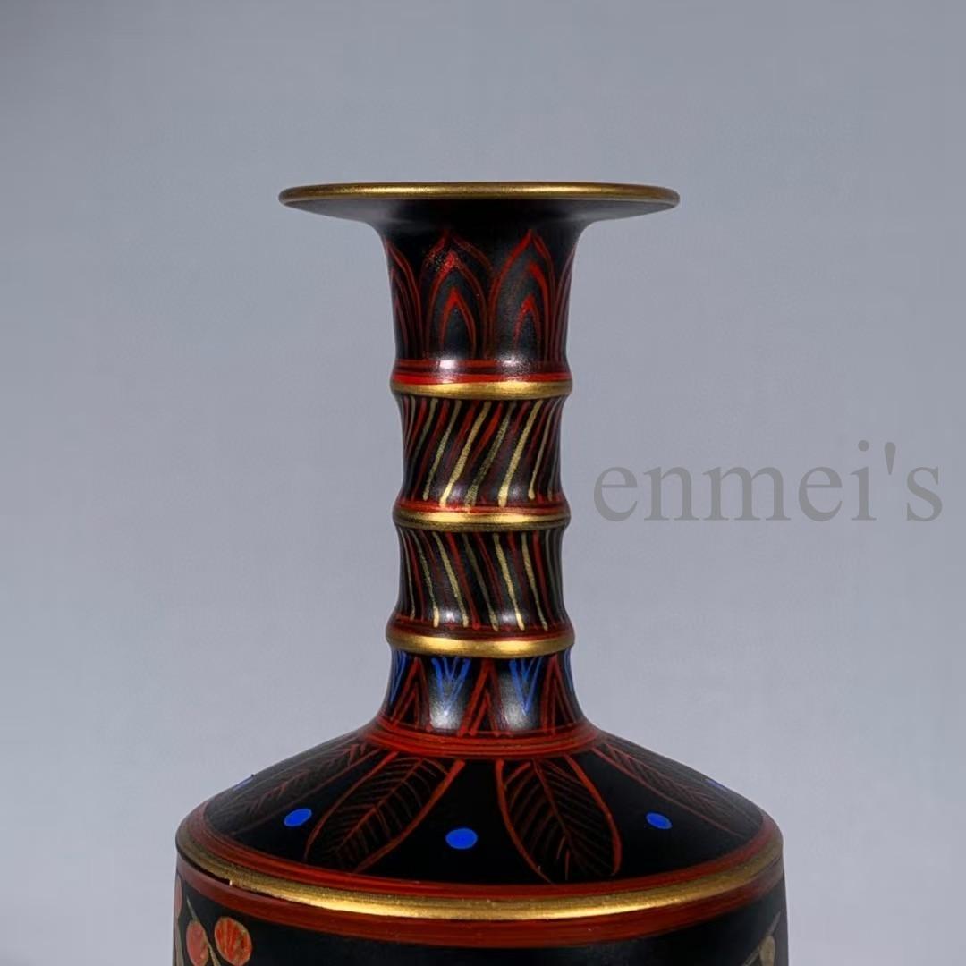 中国古美術・旧蔵宋汝窯・大漆彩繪人物對弈圖竹節瓶・彩絵・花瓶・陶磁器・文房置物