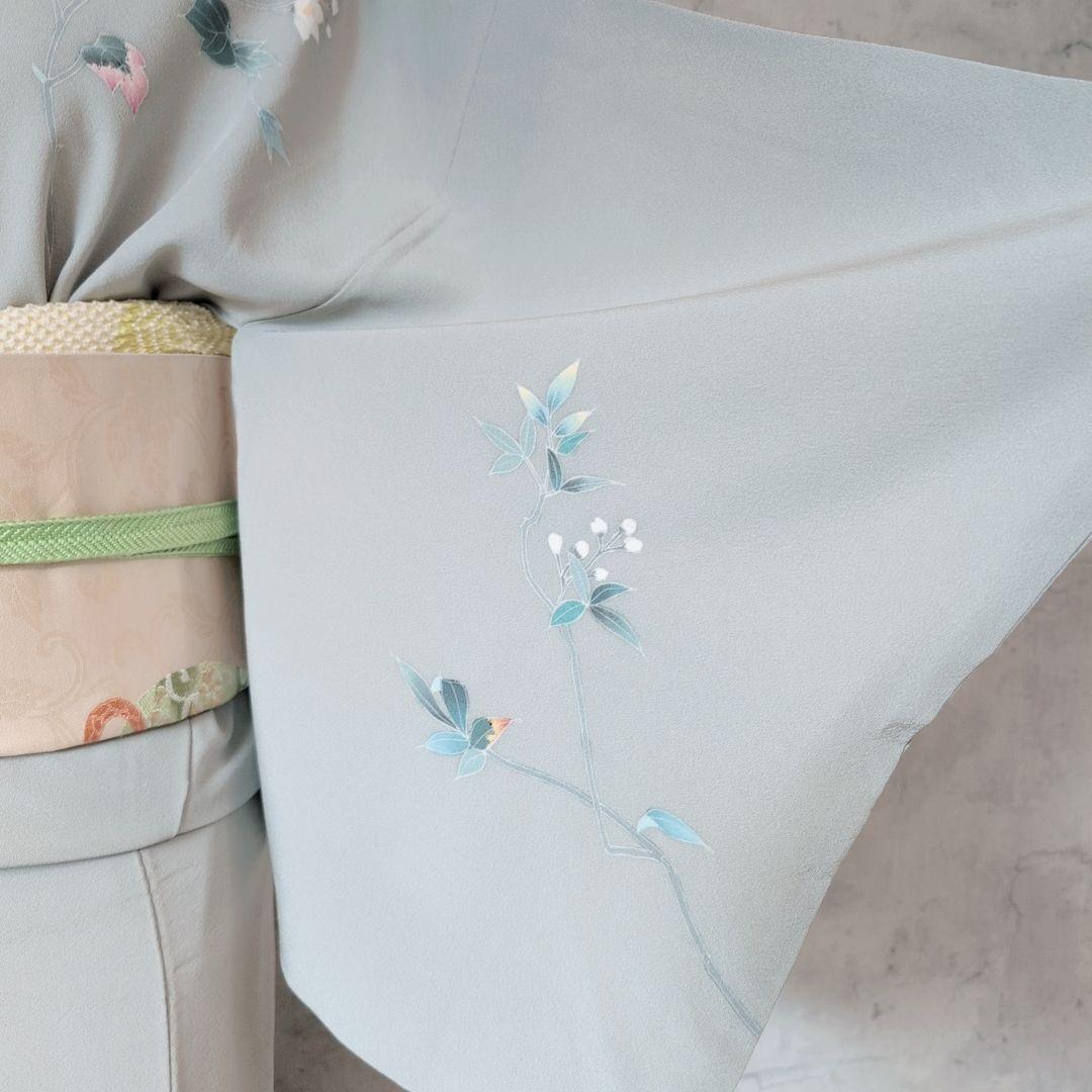 訪問着　フルセット　加賀友禅　虫食い　着物　正絹　花　祝い事　落款　E1