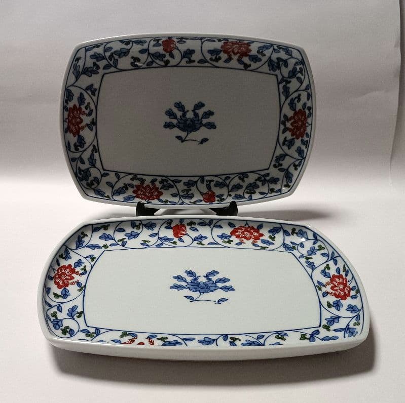 ② 源右衛門窯 染錦 牡丹唐草 長皿 平皿 2客組