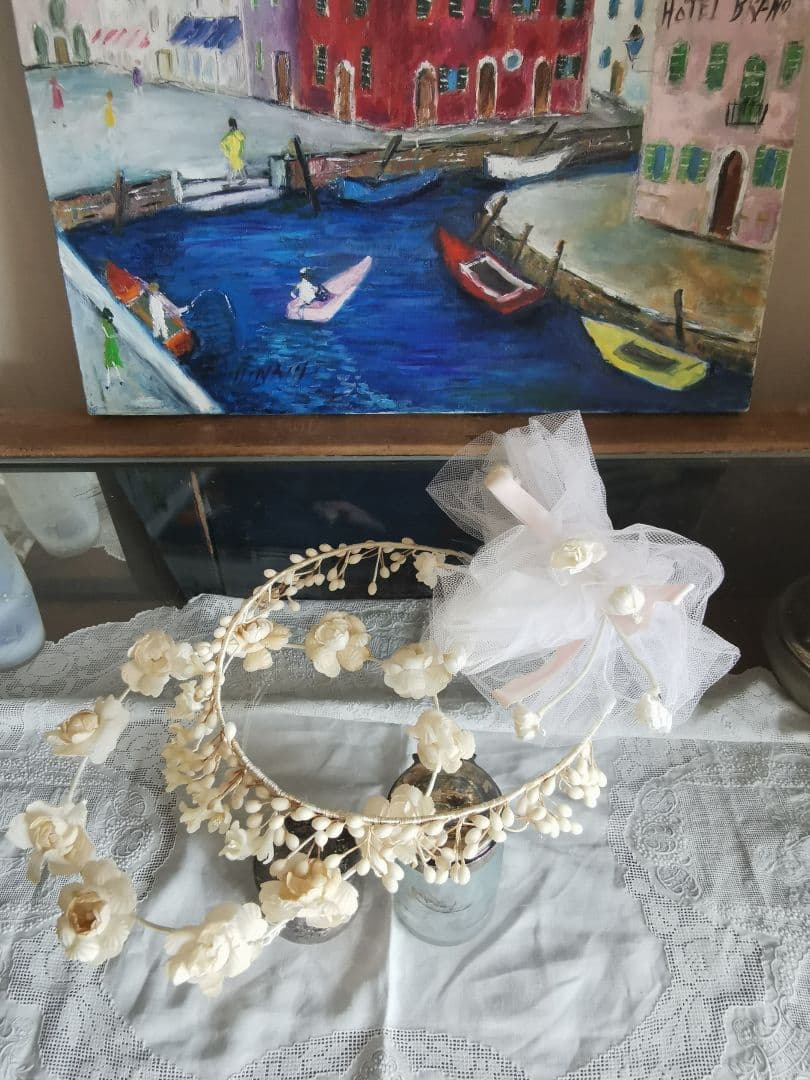 アンティーク ワックスフラワー＆布花冠ティアラ 薔薇ブーケ ブライダル３点セット