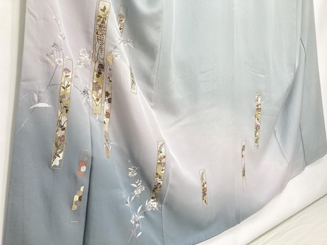 総刺繍 やまと誂製 熨斗 訪問着 袷 正絹 水色 グレー 紫 青 白藍 1395