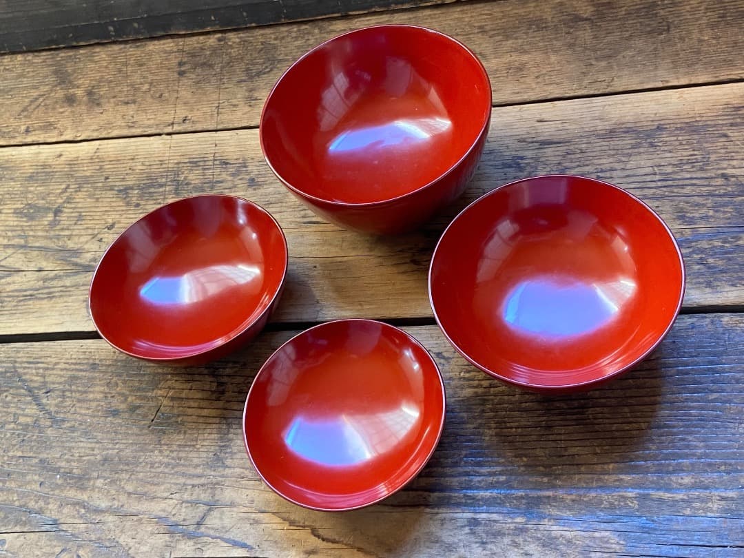 能登蔵出し 輪島塗 朱漆 入れ子 四つ椀 / 時代 朱塗 漆器椀 四つ組椀 正月