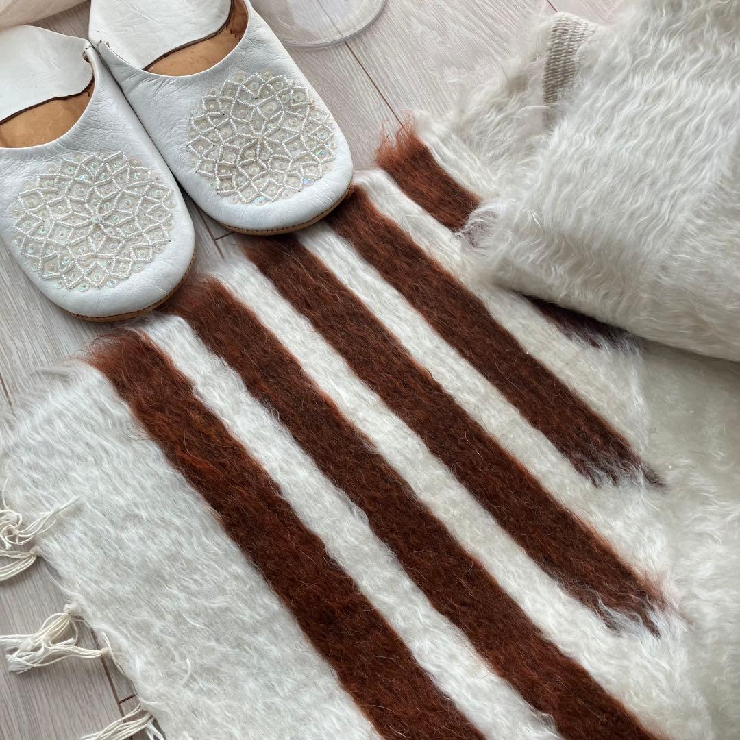 新品wool100％　オフホワイトチョコ　バッターニエ　トルコヴィンテージラグ