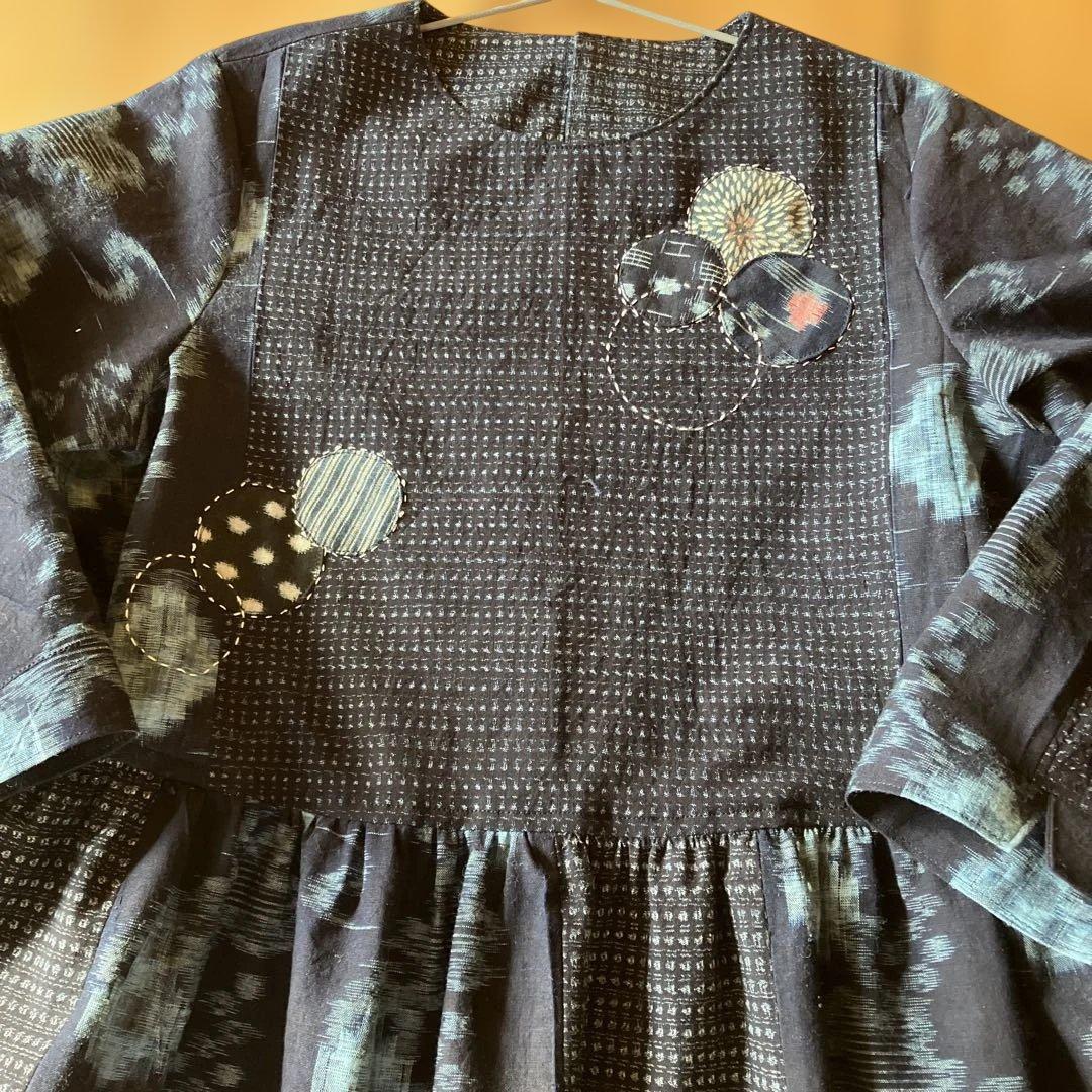 絣リメイク　　Mサイズ刺し子＆アップリケ　シンプルワンピース　ギャザースカート