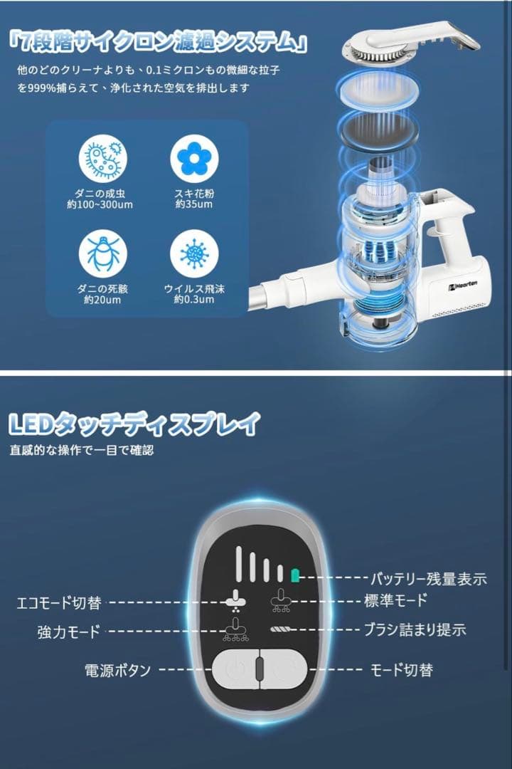 掃除機 【55,000PA超強力吸引・グリーンLEDライト】3段吸引力 ホウイト