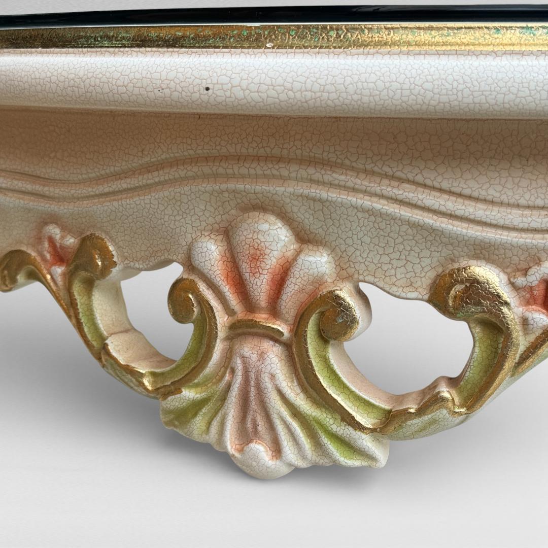 ロココ調 センターテーブル 猫脚 クラック塗装 金彩 手書きペイント ガラス天板