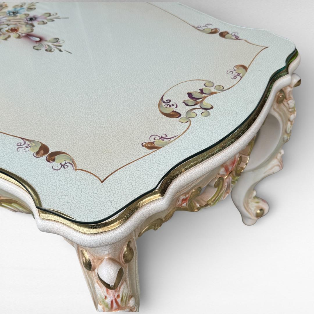 ロココ調 センターテーブル 猫脚 クラック塗装 金彩 手書きペイント ガラス天板