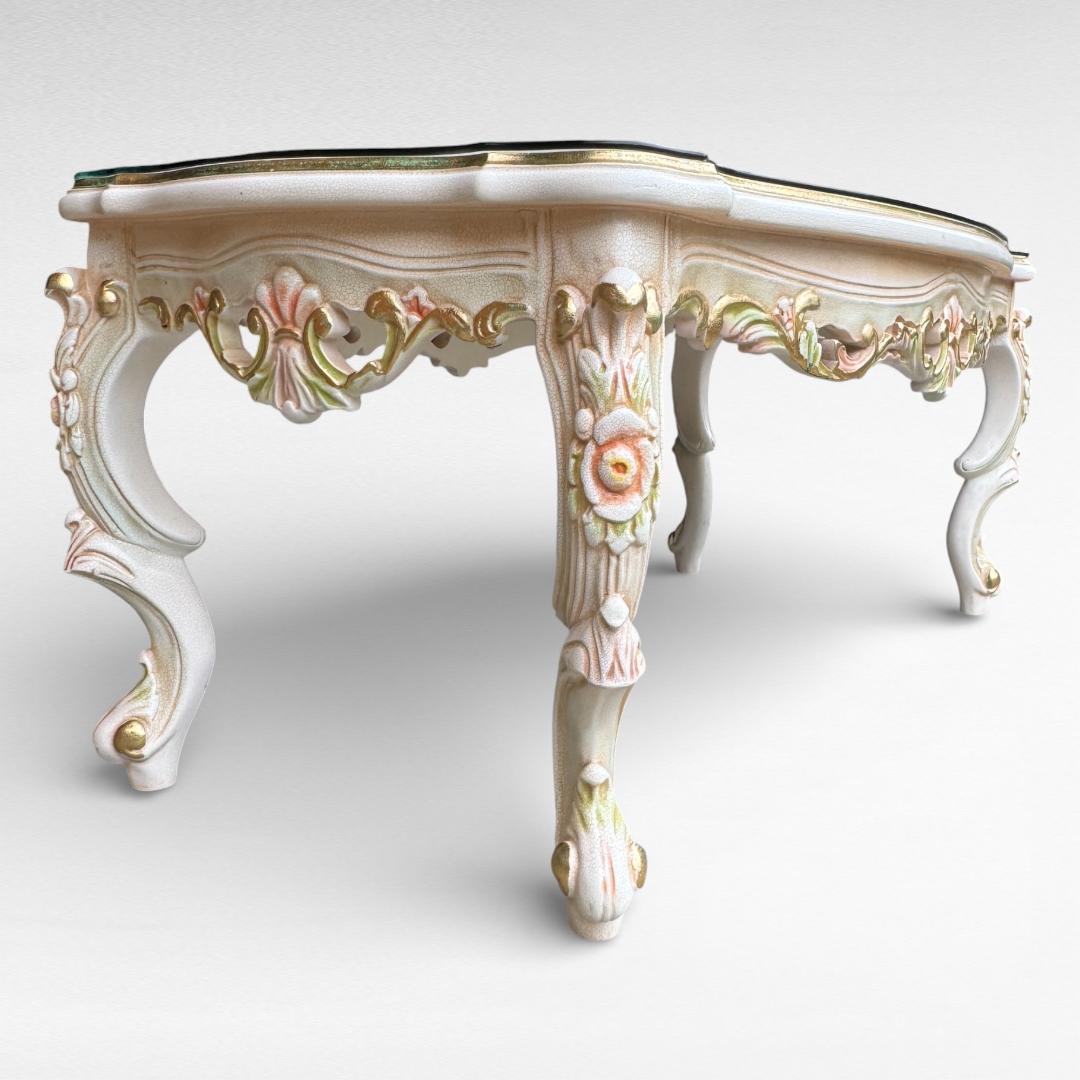 ロココ調 センターテーブル 猫脚 クラック塗装 金彩 手書きペイント ガラス天板