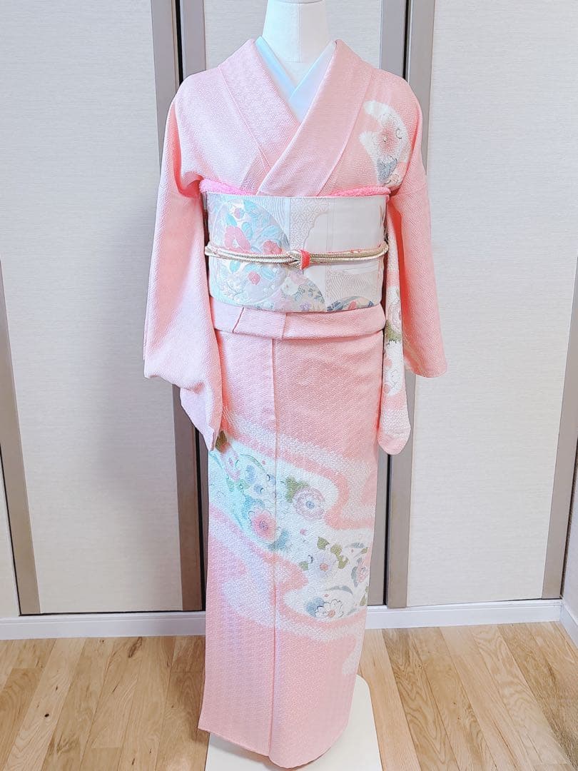 20日まで　訪問着　フルセット　辻が花　裄66 卒業式入学式M L 袋帯　ピンク
