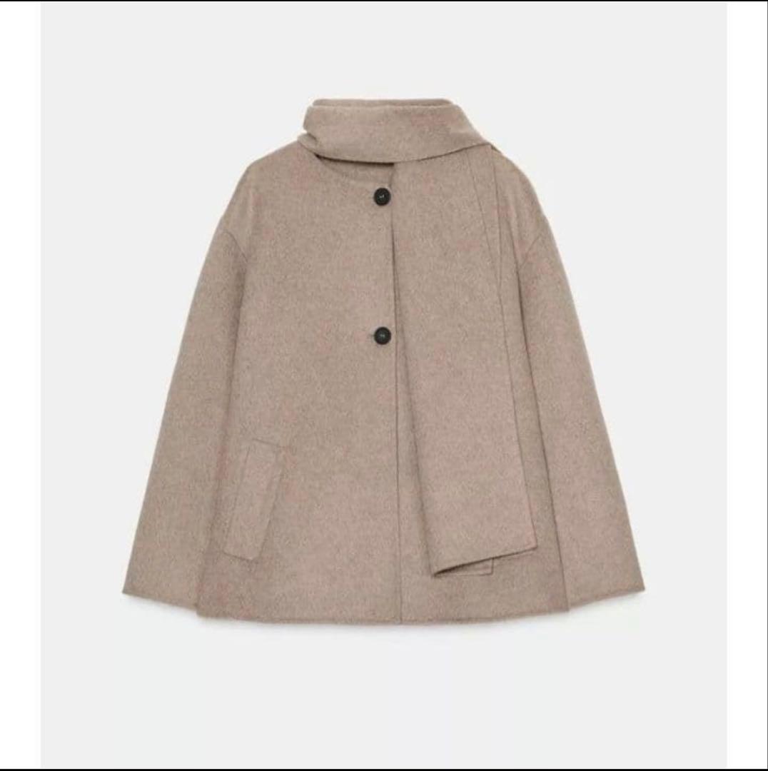ZARA ウール ショートスカーフ コート M ミンク 完売品