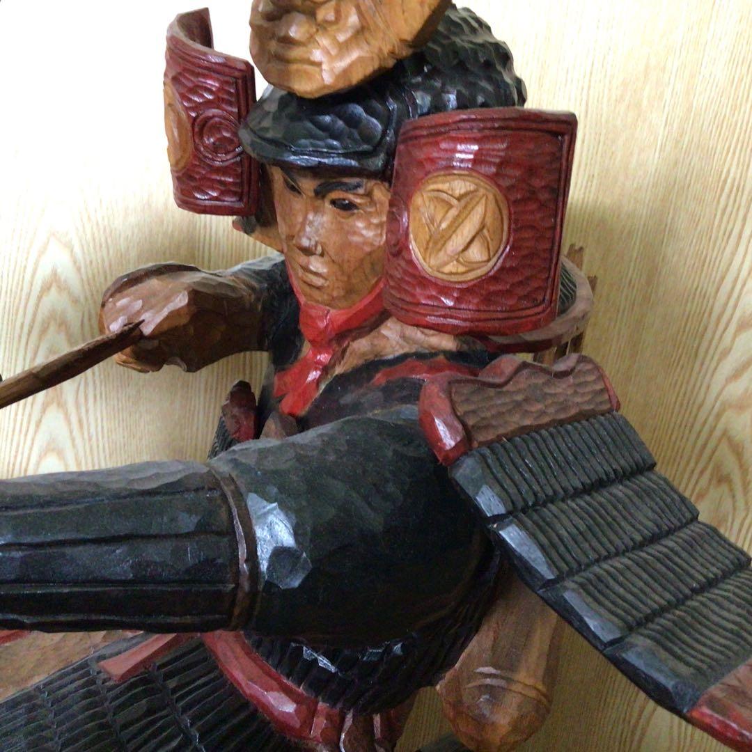 木彫り　武将　武士　武者　侍　置物　特大　希少　オイルステイン　彫刻　骨董