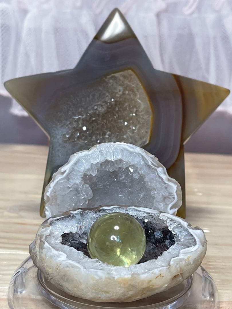 綺麗　天然石　トレジャー瑪瑙　シトリン丸玉　水晶クラスター　3点セット