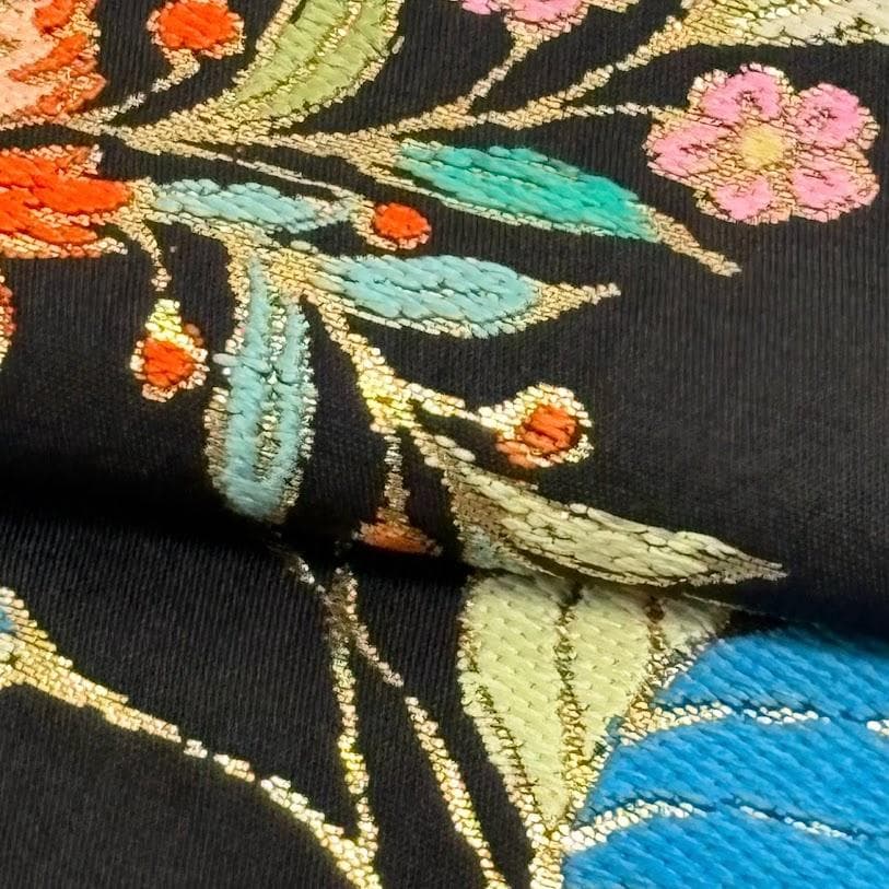 ゆりのはな　龍村美術織物　龍村製　本袋帯　金更紗大唐花錦　唐織　黒地　G203