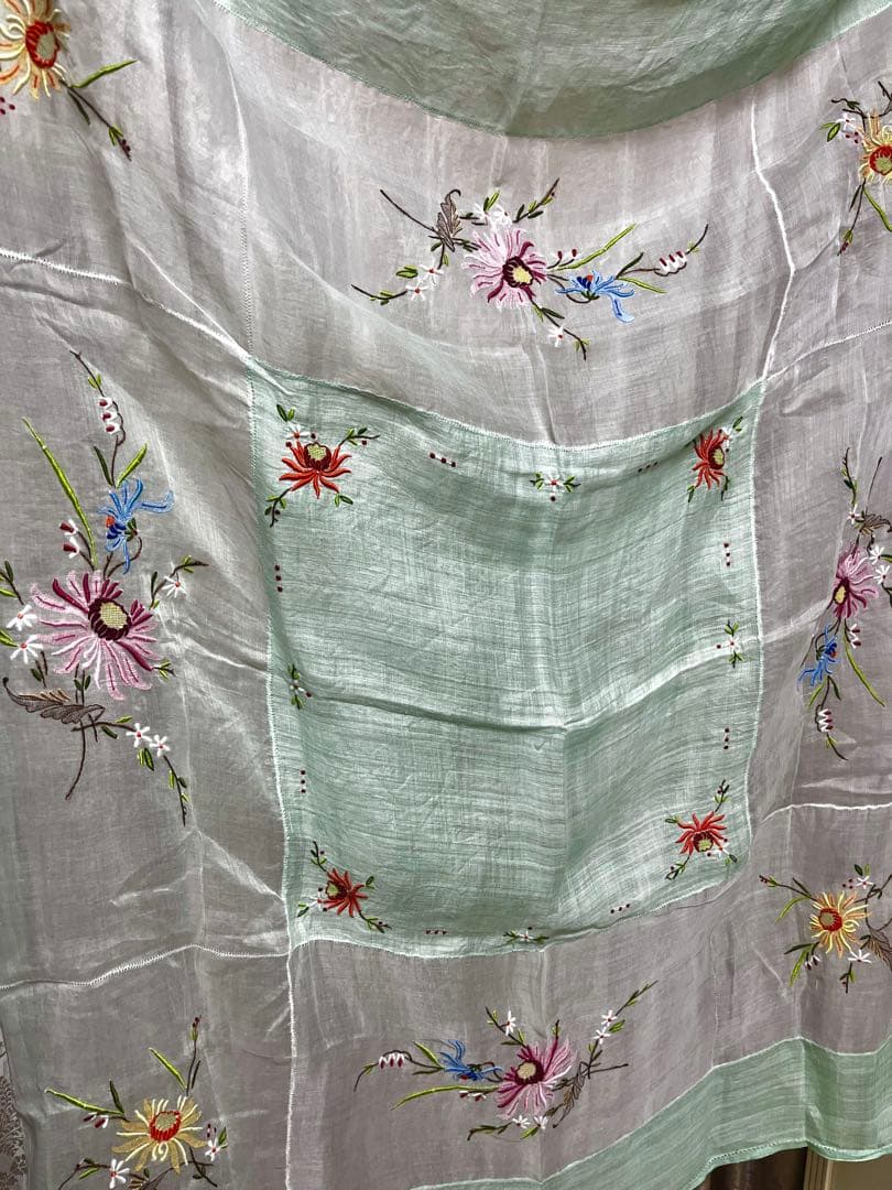 Vintage 花柄刺繍のテーブルクロス エメラルドグリーン レア