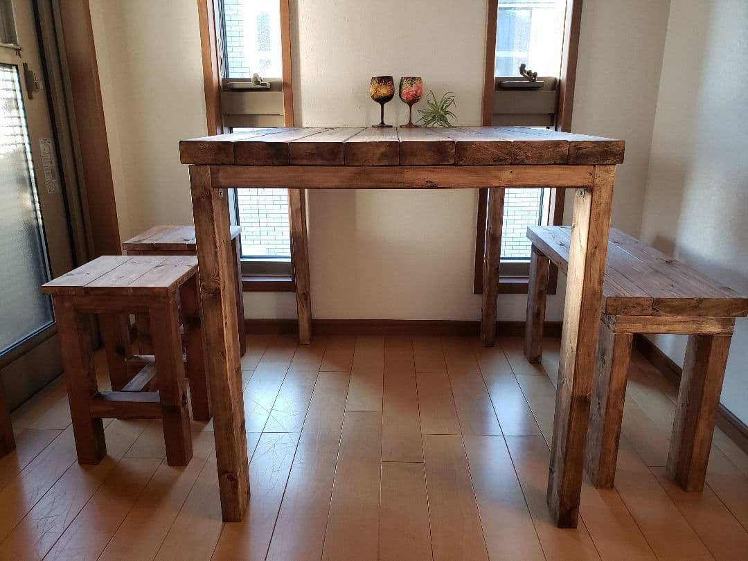 テーブル+ベンチ+スツール2脚セット