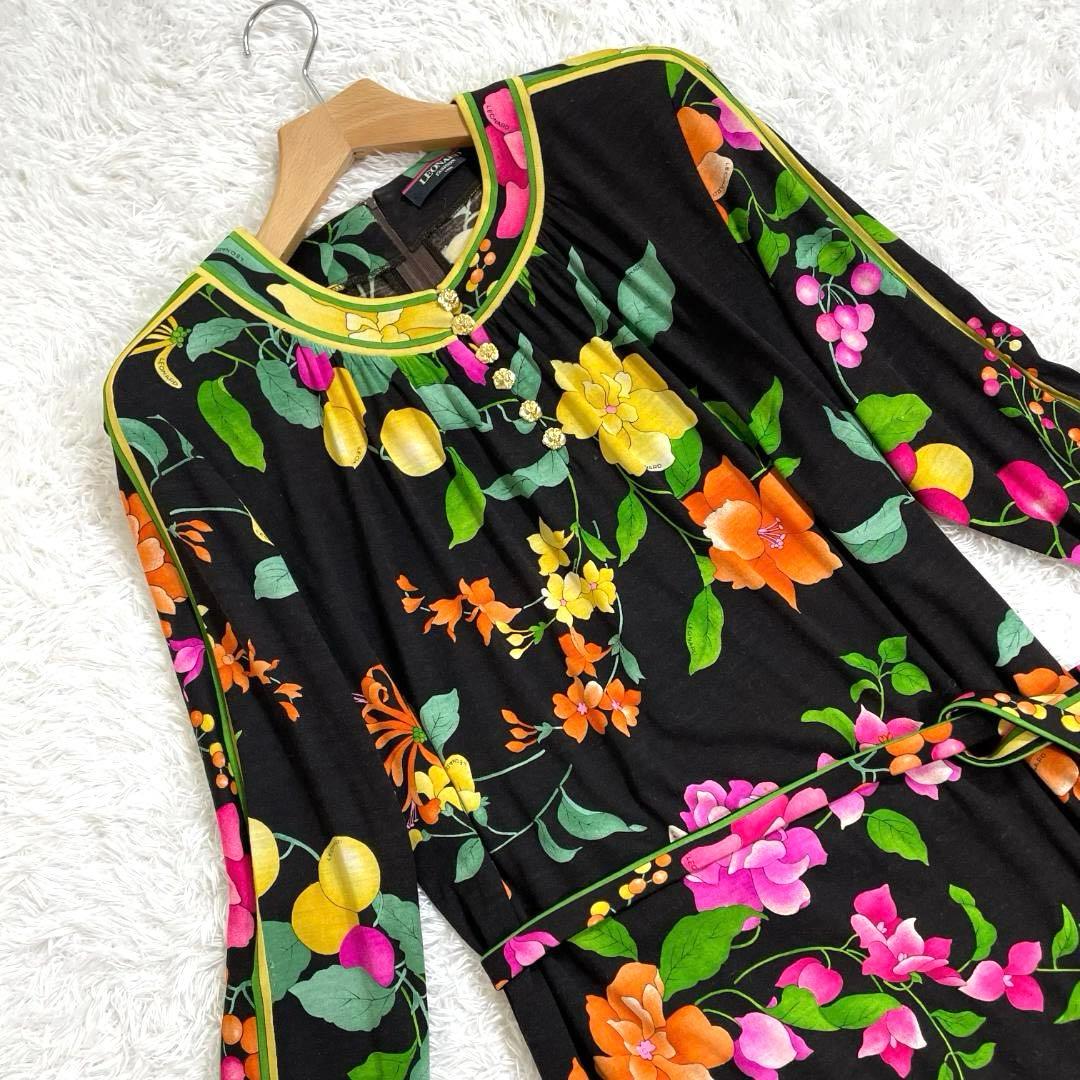 レオナール ロングワンピース 花柄 トリム ベルト付き 長袖ミディドレス L