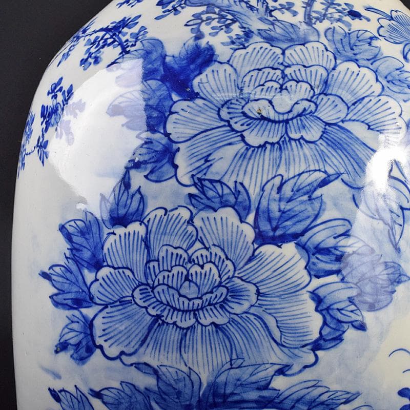 瀬戸焼　古瀬戸　染付　牡丹文　花口大瓶　唐木台・時代箱付　G　R8765B