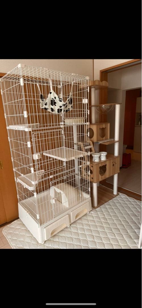 MOTASAN キャットケージ ホワイト ３段トイレ付き