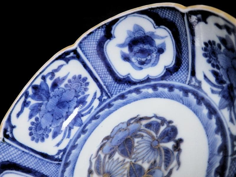 古伊万里　染付　花に獅子の図　膾皿 ５客　江戸期　B073AS-CKj