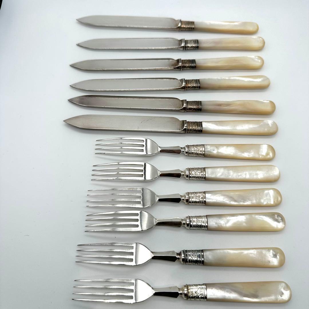 英国製/白蝶貝マザーオブパールフルーツナイフ&フォーク12本 鍵付木製箱