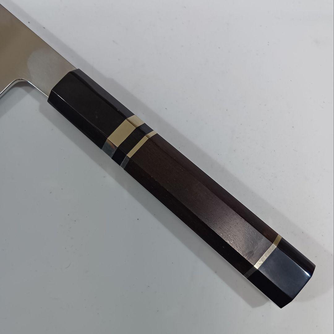 ステン本焼V金10号切付牛刀包丁27cm右片刃 鏡面 黒水牛黒檀八角柄