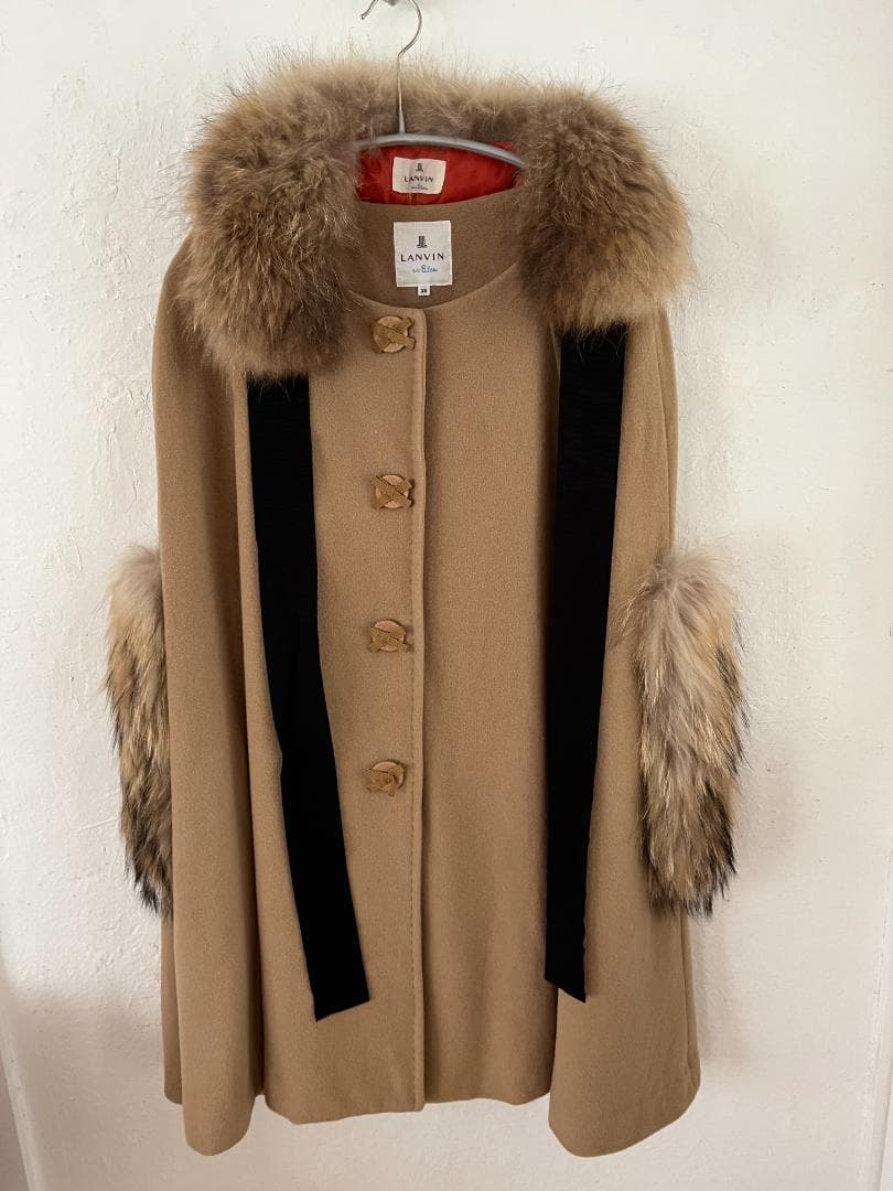 ケ*ジ様 ランバンオンブルー ファー付き ポンチョコート 38 ベージュ