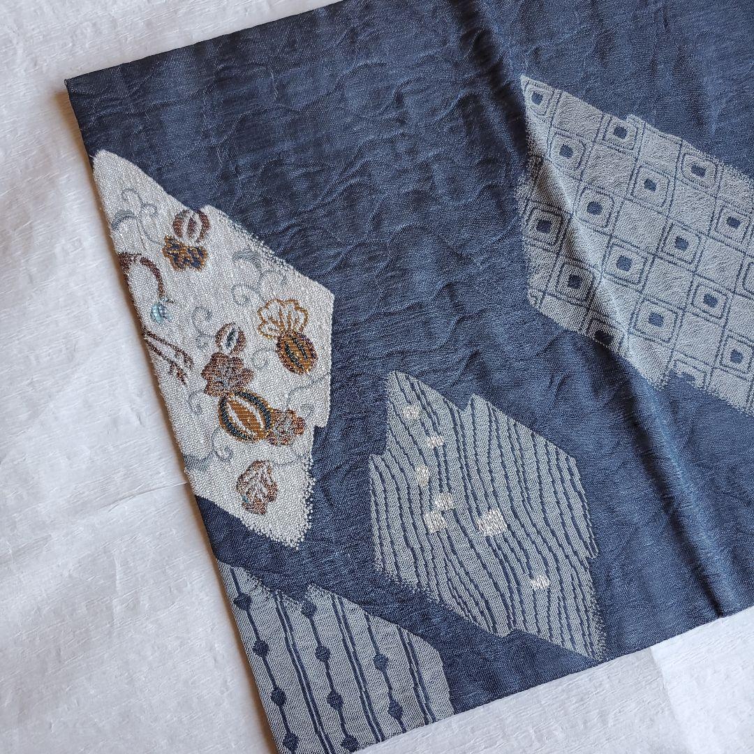 落ち着いたネイビーグレー　鳳凰と草花模様の袋帯