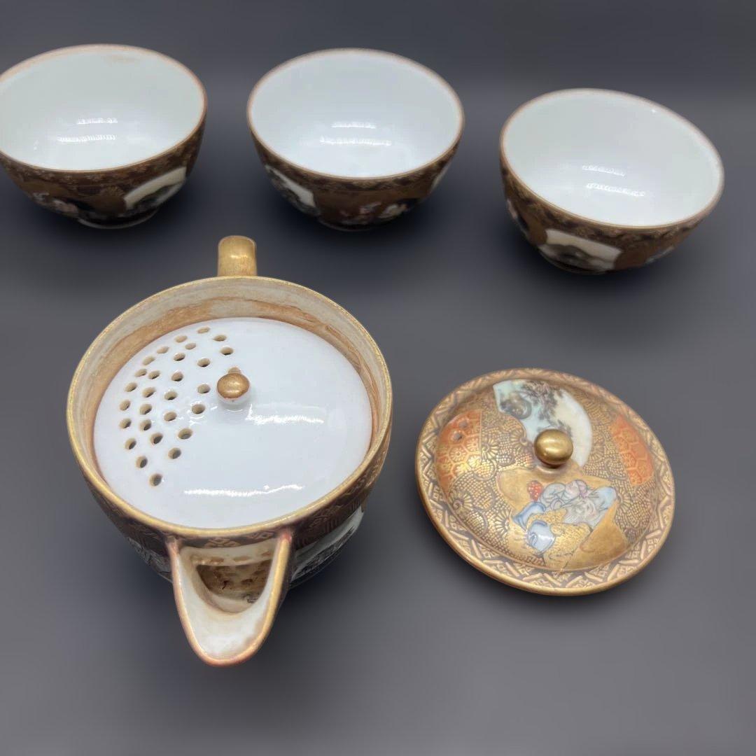 明治時代　金彩山水人物画九谷焼煎茶器セット　宝瓶１点　湯呑み３点まとめて煎茶道具