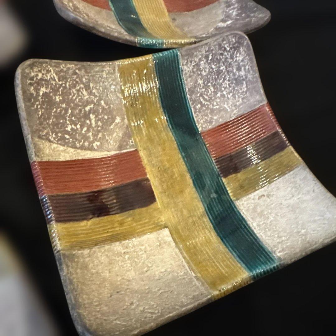 希少美品　魯山人写 美食道楽 和食器揃え 祥山 色絵銀彩糸巻文四方皿5枚セット