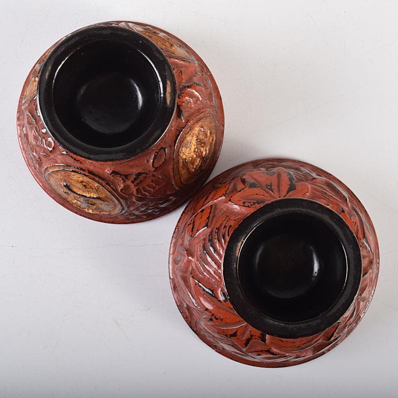 根来塗　朱塗　金彩　紅葉刻　漢詩刻　杯　一對　時代箱付　F　R8032