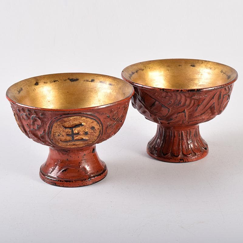 根来塗　朱塗　金彩　紅葉刻　漢詩刻　杯　一對　時代箱付　F　R8032