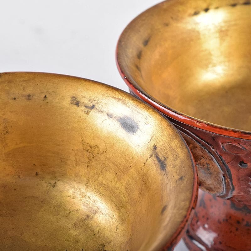 根来塗　朱塗　金彩　紅葉刻　漢詩刻　杯　一對　時代箱付　F　R8032