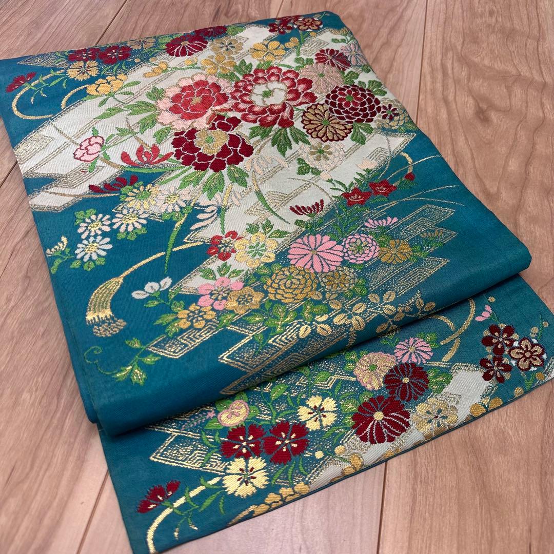 超美品　正絹　着物 和服　名古屋帯　333 納戸色　青緑　アンティーク　金