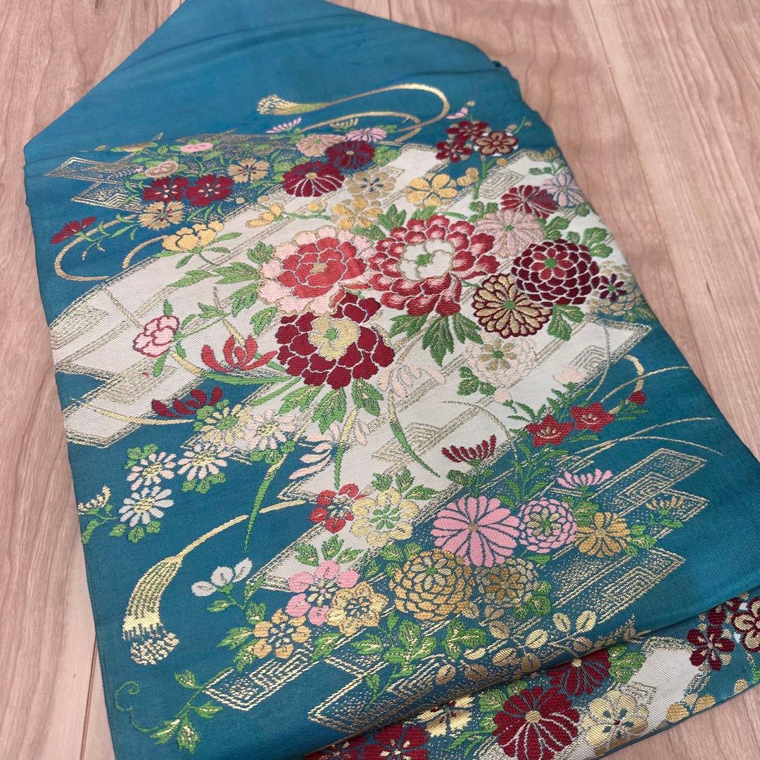 超美品　正絹　着物 和服　名古屋帯　333 納戸色　青緑　アンティーク　金