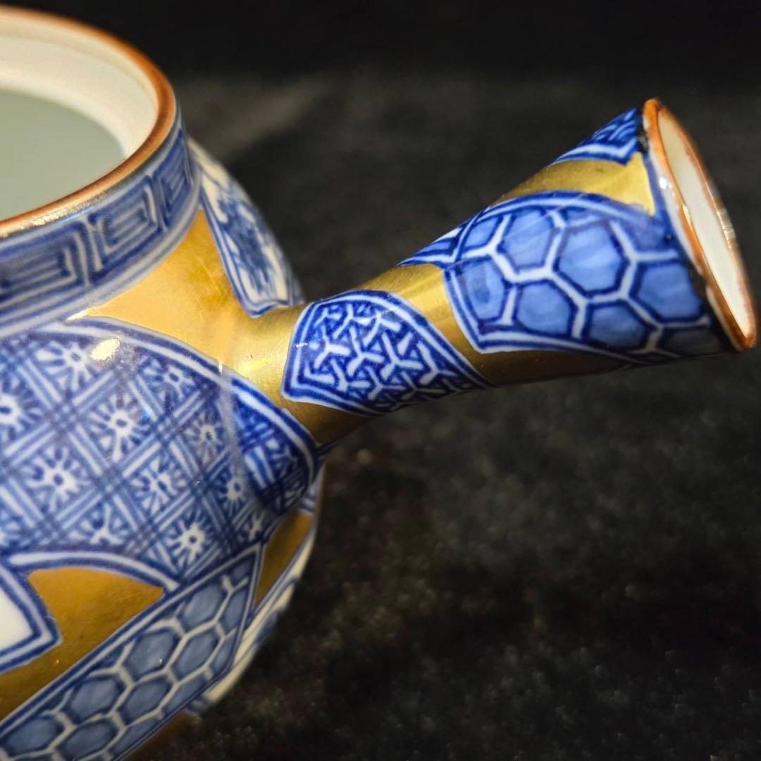 平安　清昌造　急須　共箱　急須　煎茶　宝瓶　京焼　陶器製 金地染付扇面図