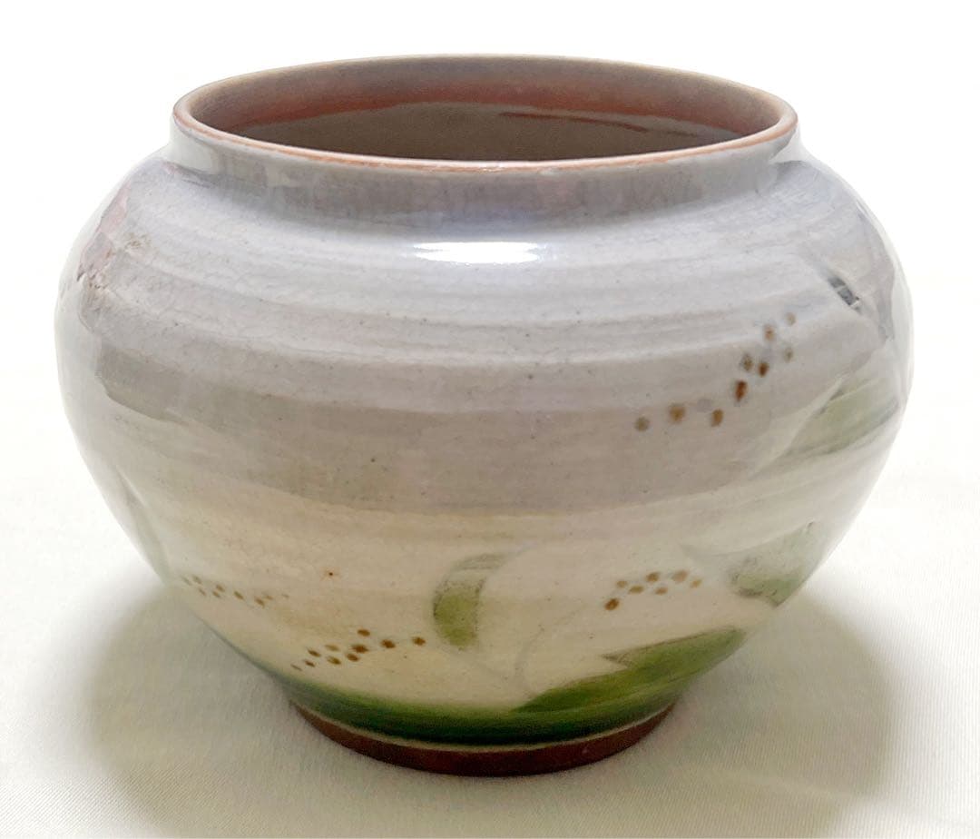 京焼 清水焼　鈴木清（人間国宝 富本憲吉 師事）作　緑釉草花柄　花瓶　飾壷