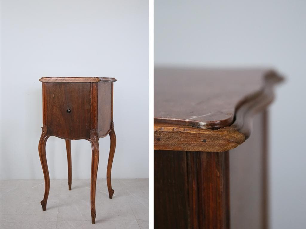 フランスアンティーク木製*大理石キャビネット/ナイトテーブル机(90-35-2)