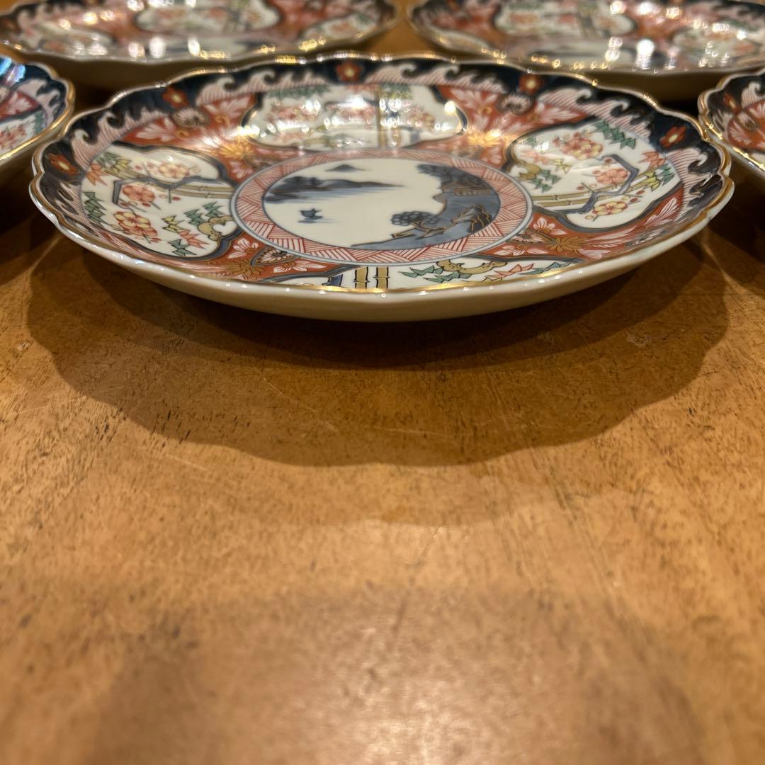 有田焼　隼木谷清右衛門　山水古伊万里絵付　菊形皿　五枚